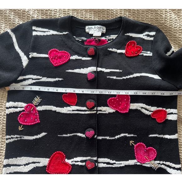 Jack B. Quick Valentine Heart Cardigan Sweater Embellished Knit Black White - Picture 6 of 7